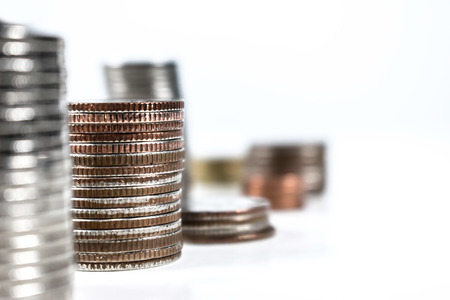 Close up. Coin stack And side view with copy space.