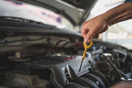Mechanic checks the car oil in the vehicle. Car service center.の写真素材