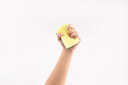 Hand holding a cleaning sponge on a white background.の写真素材