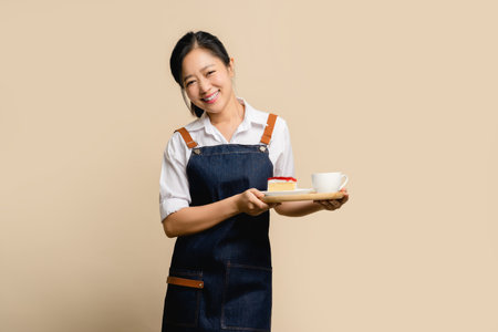 Portrait of asian girl waitress barista wearing apron on light brown backgroundの写真素材