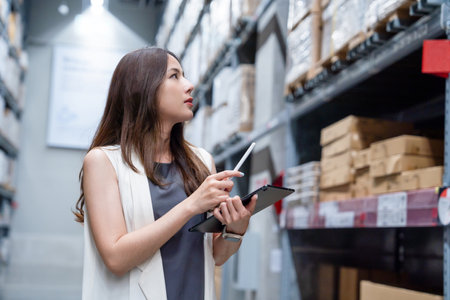 Young smart Asian business working woman using digital tablet to check goods on shelves for product management in warehouse at factoryの写真素材