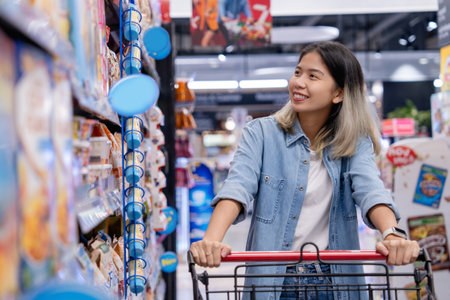 Happy smiling Asian woman wearing jeans with shopping cart in supermarket department. She is looking at the products on the shelves.の写真素材
