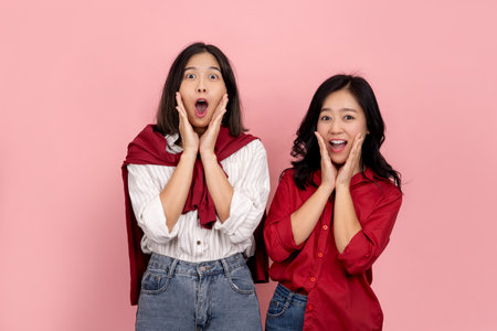 Two tanned Asian female friends are looking surprised at a promotion on a pink background. Beautiful...