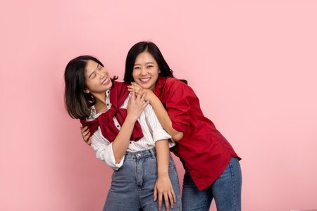 Happy Asian lesbian couple standing on pink background.