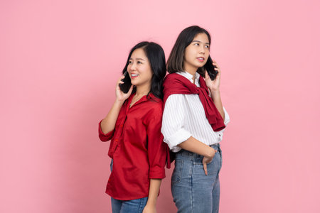 Portrait of two beautiful Asian girls talking on a smartphone, isolated on a pink backgroundの写真素材