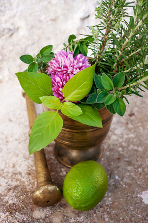 Vertical image of fresh herbs and lemonの写真素材