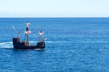 trip on an old boat on the oceanの写真素材