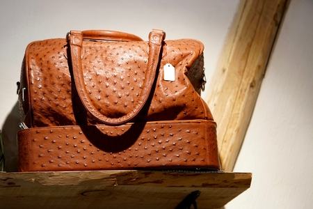closeup of an orange bag made of ostrich leatherの写真素材