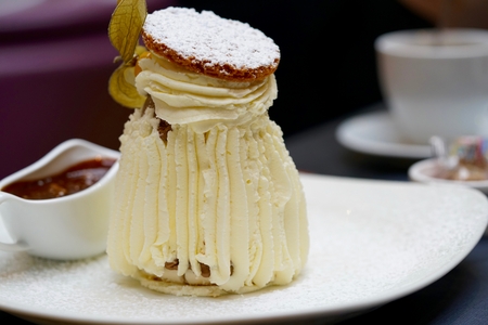 unique cream gateau with chocolate sauce