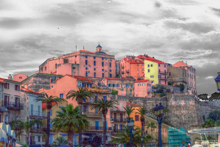 Old town of Ajaccio under a grey cloudscape, capital city of Corsicaの写真素材