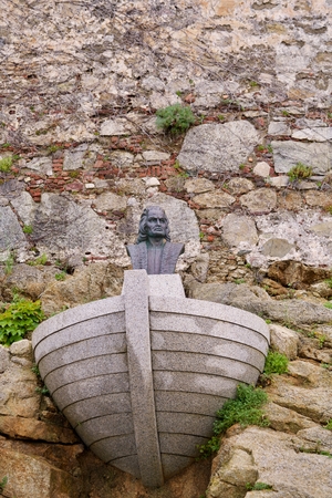 statue of Christopher Columbus on a boat in Calvi, Franceの写真素材