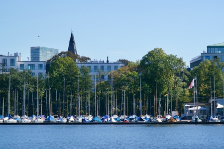 Closeup of a marina in Hamburg at the Alsterのeditorial素材