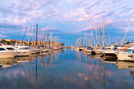 Blue marina of ArgelÃ¨s in the eveningのeditorial素材