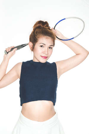 Woman with badminton to exercise for good health care .の写真素材