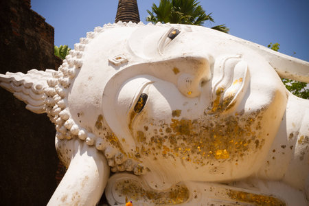 Face of Reclining Buddha, Wat Yai Chai Mongkol at Ayutthaya, Thailandの写真素材