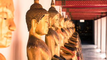 Buddha gold statue and thai art architecture in Wat Phra Chetupon Vimolmangklararm (Wat Pho) temple...