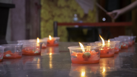Candlelight in Wat Leng Nei Yee Chinese temple in Yaowarat road,Bangkok capital city,Thailand.Photo taken on: 3 September  , 2016のeditorial素材