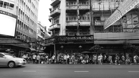 Bangkok, Thailand - September 3, 2016: Black and white image style  of night market for Tuk-Tuk (Taxi Thailand) on chinatown (Yaowarat) Road,the main street in Chinatown, once of Bangkok landmark and important street for more foods very delicious for thaiのeditorial素材