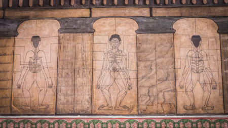 Bangkok - Thailand , August 25 - 2016 : Paintings from temple Wat Pho teach Acupuncture and fareast medicine at Wat Phra Chetupon Vimolmangklararm (Wat Pho) temple in Thailand.のeditorial素材