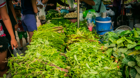 Variety of fresh vegetables in local market at temple in Bangkok , Asia , Thailandのeditorial素材