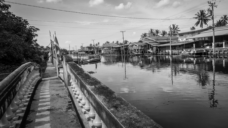 Nonthaburi, Thailand - September 10, 2016: Black and white style image of Old house near river  in Nonthaburi, Thailandのeditorial素材