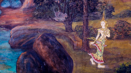 Masterpiece of traditional Thai style painting art old (1931) of Ramayana story on the temple wall of famous Wat Phra Kaew in Bangkok, Thailand.Photo taken on: Oct 6th, 2016のeditorial素材