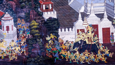Masterpiece of traditional Thai style painting art old (1931) of Ramayana story on the temple wall of famous Wat Phra Kaew in Bangkok, Thailand.Photo taken on: Oct 6th, 2016のeditorial素材