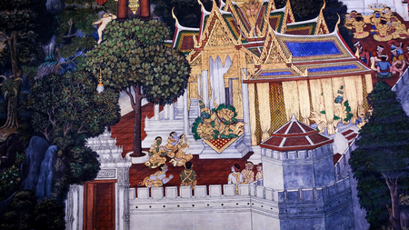 Masterpiece of traditional Thai style painting art old (1931) of Ramayana story on the temple wall of famous Wat Phra Kaew in Bangkok, Thailand.Photo taken on: Oct 6th, 2016のeditorial素材