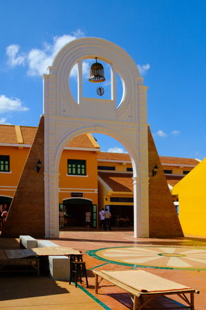 Kanchaburi, Thailand - November 12, 2016:Bell Tower and Yellow House with blue sky in thailand ancient simulation park kanchanaburi. Photo taken on: 12 November 2016のeditorial素材