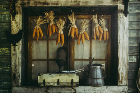 Corn cobs hanging to dry with background of the old Window. Vintage style.