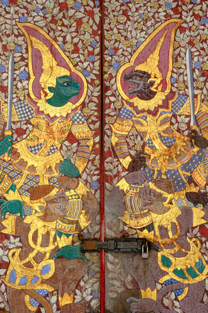 Old thai door architecture inside of  Wat Suthattepwararam temple.  Public temple, Bangkok Thailandの写真素材