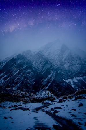 Travel concept  : Night sky with milky way on  Annapurna base camp, Nepal.の写真素材