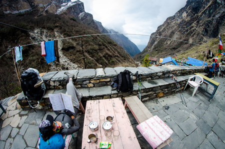 ANNAPURNA, NEPAL - April 14  2018 : Travel concept , Happy tourists and relax  on Annapurna Base Camp at Himalaya Nepal.のeditorial素材