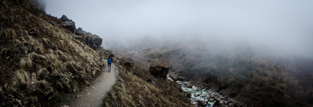 Travel concept , Trekking trail along with grasses field and rocky with Annapurna snow peaks and blue sky in Nepal.の写真素材