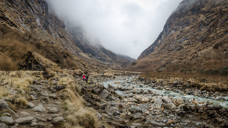 Travel concept , Trekking trail along with grasses field and rocky with Annapurna snow peaks and blue sky in Nepal.の写真素材