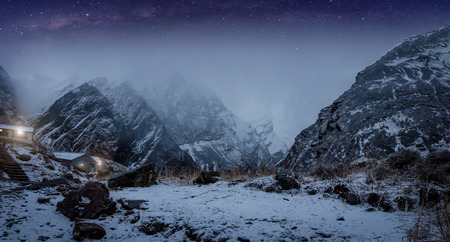 Travel concept  : Night sky with milky way on  Annapurna base camp, Nepal.の写真素材