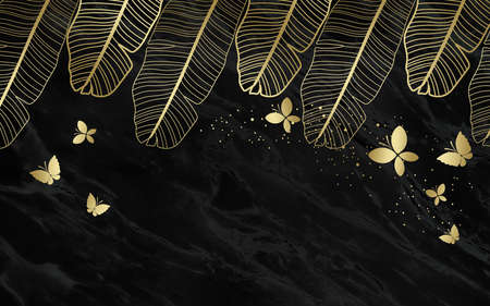 black and gold tropical leaves on dark marble background  Luxury exotic botanicalの写真素材