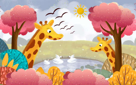 kids wallpaper decoration for wall line strips  giraffe clouds childrenの写真素材