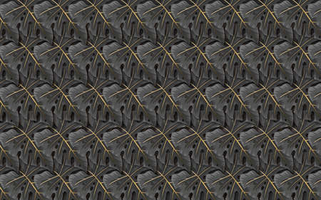 black and gold tropical leaves on dark marble background  Luxury exotic botanicalの写真素材