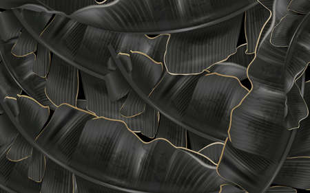black and gold tropical leaves on dark marble background  Luxury exotic botanicalの写真素材