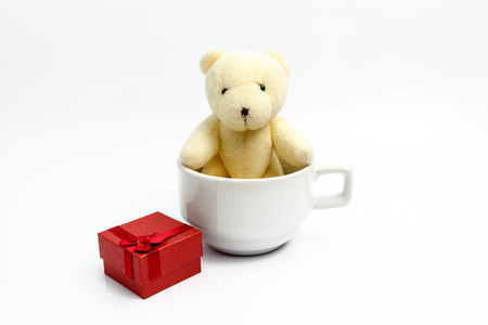 teddy bear in a coffee cup and red gift box on white background.の写真素材
