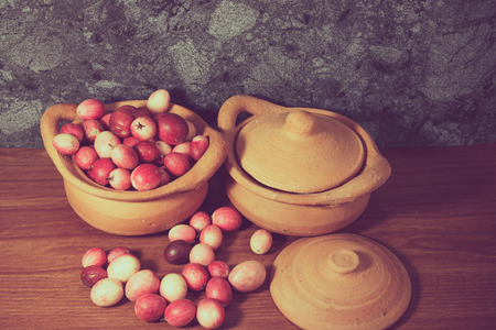 carissa carandas in earthenware on a wooden, process color.の写真素材