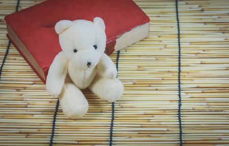 teddy bear on bamboo matの写真素材