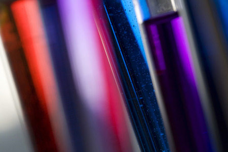 close up of coloured test tubes in a chemistry laboratory