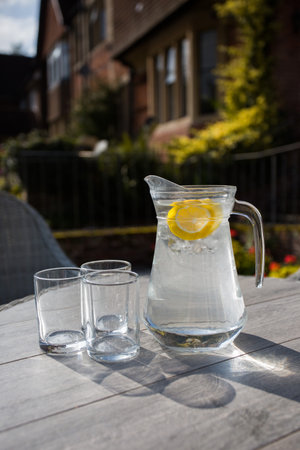 Refreshing jug of water with slices of fruit and two glassesの写真素材