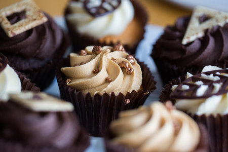 A close up of a chocolate cup cakeの写真素材