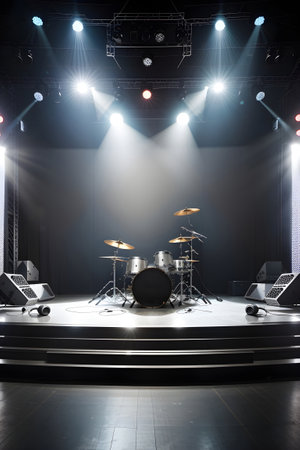 An electrifying scene featuring an empty stage for a rock concert, bathed in vibrant lights from powerful projectors, setting the stage for an epic and energetic performance. Generative aiの素材