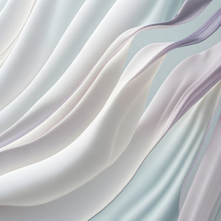 Abstract background with smooth waves of silk stripes soaring through the air. With a pastel palette and muted colors, it offers a serene and calming ambiance.Ideal for web design, print materials, presentations, and more. Generative aiの素材