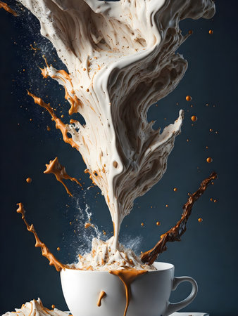 A captivating image capturing the dynamic and powerful splashing of cream and milk into a cup of coffee, creating a delightful and creamy awakening for the senses. Generative AIの素材