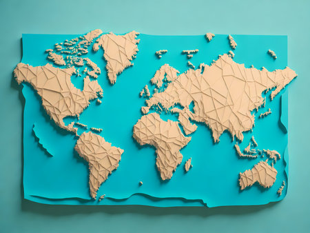 A captivating world map created with meticulously cut paper pieces in the intricate and exquisite Japanese paper cut art style, symbolizing the harmonious coexistence of nations across the globe. Generative AIの素材